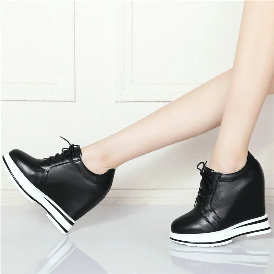 Fashion Sneakers Women Lace Up Cow Leather Wedge High Heel Vulcanized Shoes Female Round Toe Platform Oxfords Shoes Casual Shoes