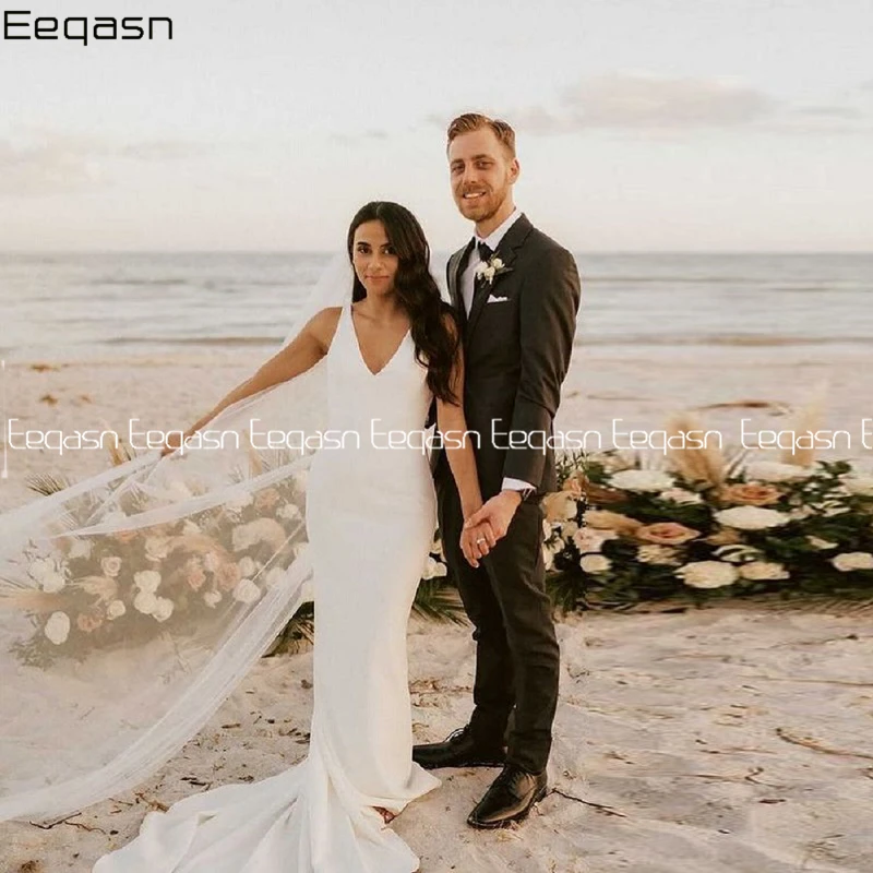 

Beach Wedding Dresses Sexy V Neck Long Silk Satin Wedding Gown Court Train Open Back Bridal Dress robe longue