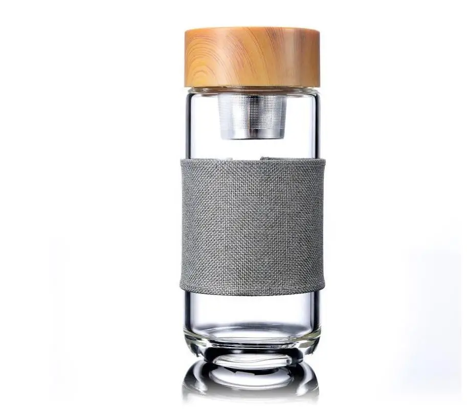 

350ML Glass Water Bottles Heat Resistant Round Office Car Cup With Stainless Steel Tea Infuser Strainer Tumbler Vaso