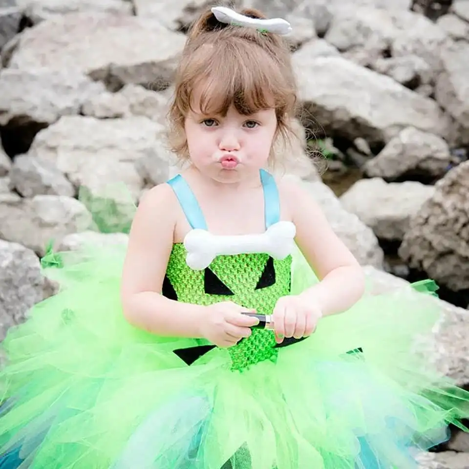 2021 newKids Baby Pretty girl Toddler Girls Light Green Blue Caveman Flinstone Tutu Dress 1-9y Child Halloween Party Clothes Set