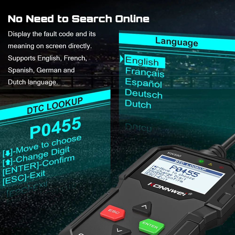 2024 OBD Diagnostic Tool KONNWEI KW590 Car Code Reader automotive OBD2 Scanner Support Multi-Brands Cars&languages Free Shipping