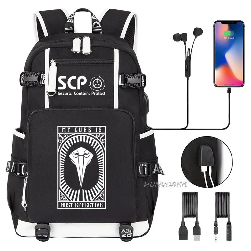 SCP Foundation Backpack Black Bookbag Cartoon School Bags for Teenage Kids SCP Travel Bagpack USB Laptop Shoulder Bags