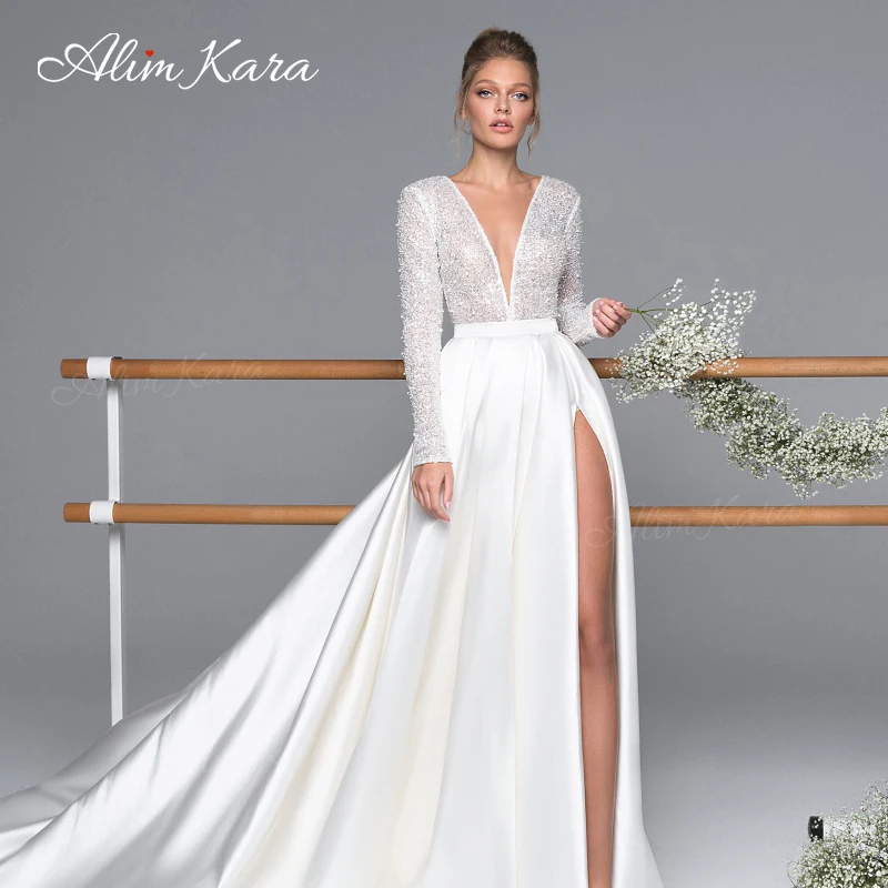 فستان زفاف بأكمام طويلة على شكل حرف a 2025 فستان عروس سبليت على شكل حرف v مخصص للأميرة Alim Kara EL05 مقاس كبير فيستدو دي نوفيا
