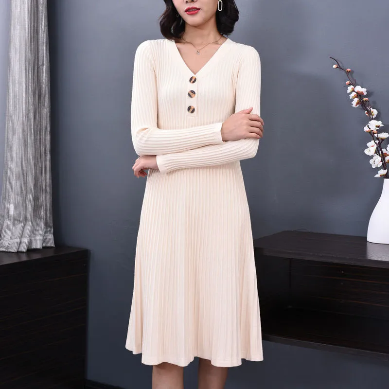 Women Dress Autumn Spring Winter A-line Black V-Neck Long Sleeve Dress Knitted Elegant Midi Dress Plus Size vestidos 2020