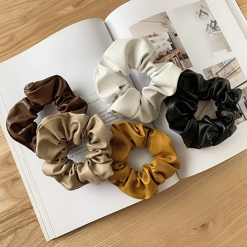 

2020 Autumn Winter New Black PU Leather Tie Hair Ring Horsetail Solid Color Large Intestine Ring Girls' Women Hair Accessories