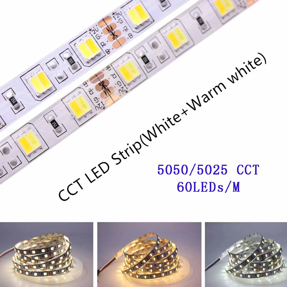 5m 5V 12V 24V CCT wysokiej jakości 5025 5050 taśma LED SMD regulacja temperatury barwowej podwójny kolor CW + WW 60 led/m taśma led