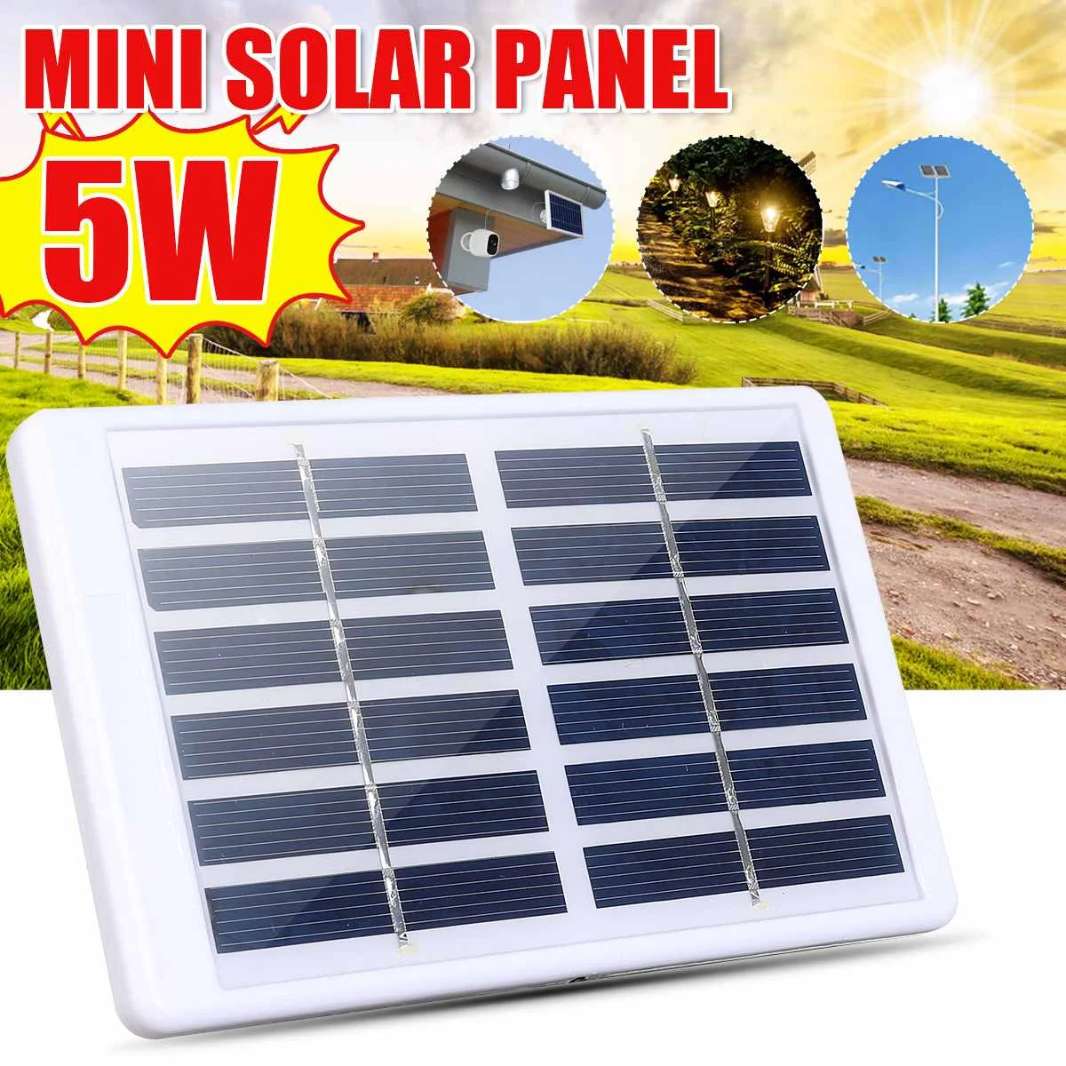 Cargador de panel de energía solar al aire libre de panel solar impermeable de 5W con cable de carga micro USB de 3m/10 pies y 6V