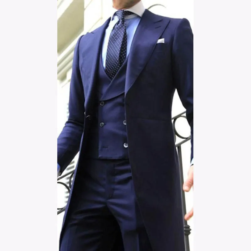 

Navy Blue Long Tail Coat Double Breasted Vest Wedding Suits for Men Peaked Lapel Mens Suit Evening Party Gentlemen Tuxedos