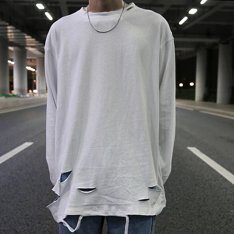 High street style funeral handmade knife cut holes loose OVERSIZE solid color bottoming shirt cotton inner long-sleeved T-sh