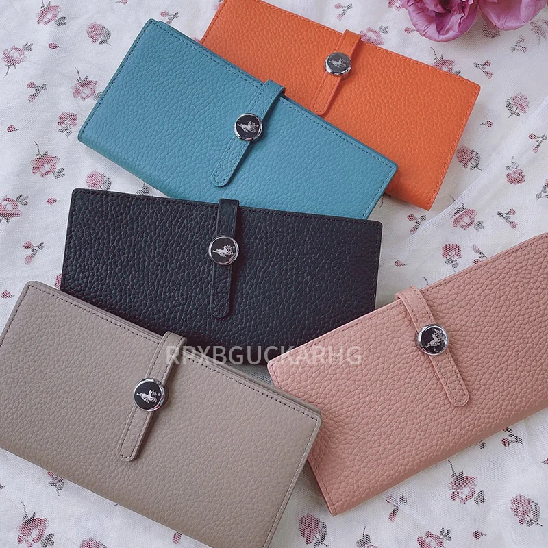 Genuine Leather Women Wallets Luxury Long Hasp Lychee Pattern Coin Purses Female Brand Solid Colors New Thin Clutch Phone Bag