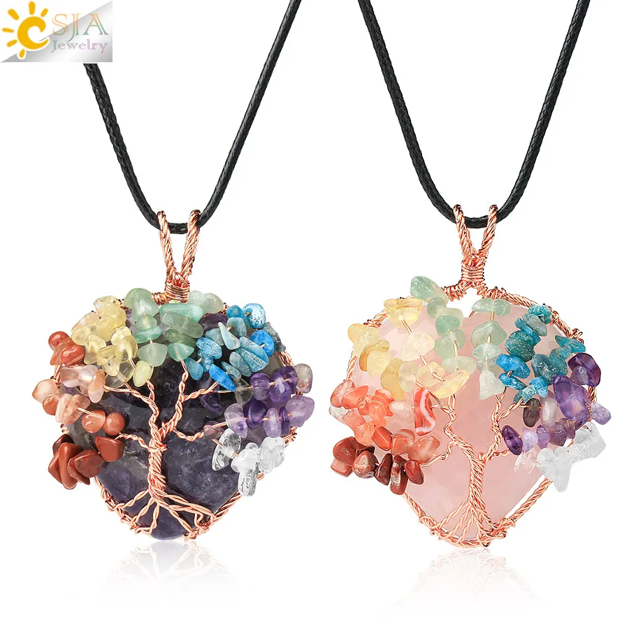 

CSJA Natural Stone Pendant Tree of Life Necklaces Rose Gold Color Wire Wrapped Love Heart 7 Chakra Quartz Women Necklace G755