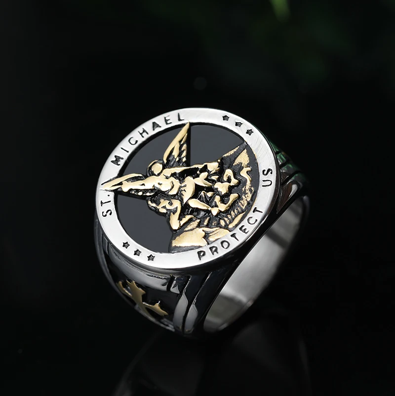 316L Stainless Steel St-Michael Men Rings Good Talisman Religious Aesthetic Biker Ring for Men Boy Fashion Jewelry Anel