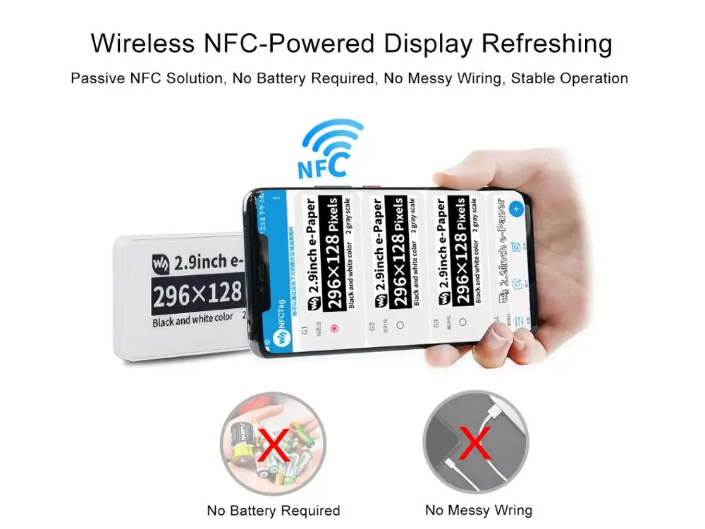 Waveshare 2.9inch Passive NFC-Powered e-Paper, No Battery, Wireless Powering & Data Transfer