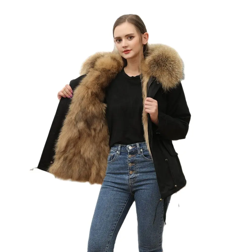 

Hot Sale Thick Warm Fashion Coat Fox Fur Parka Winter Ladies With Raccoon Fur Collar