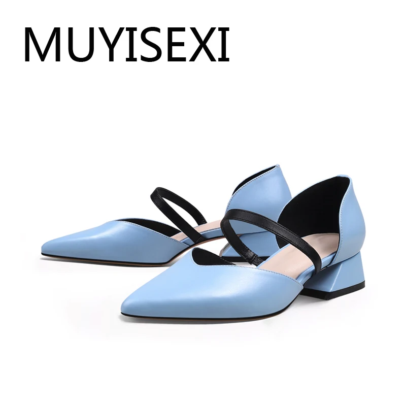 

Pumps handmade shallow slip on elastic band pump simple genuine leather pointed toe 3cm low heel lady shoes blue HL235 MUYISEXI