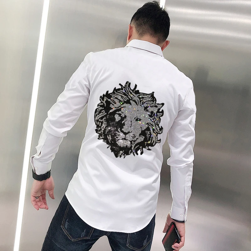 

Classic Hot Diamond Rhinestone Autumn Men's Lapel T-Shirt Exquisite New Arrival Business Lion Style Tops