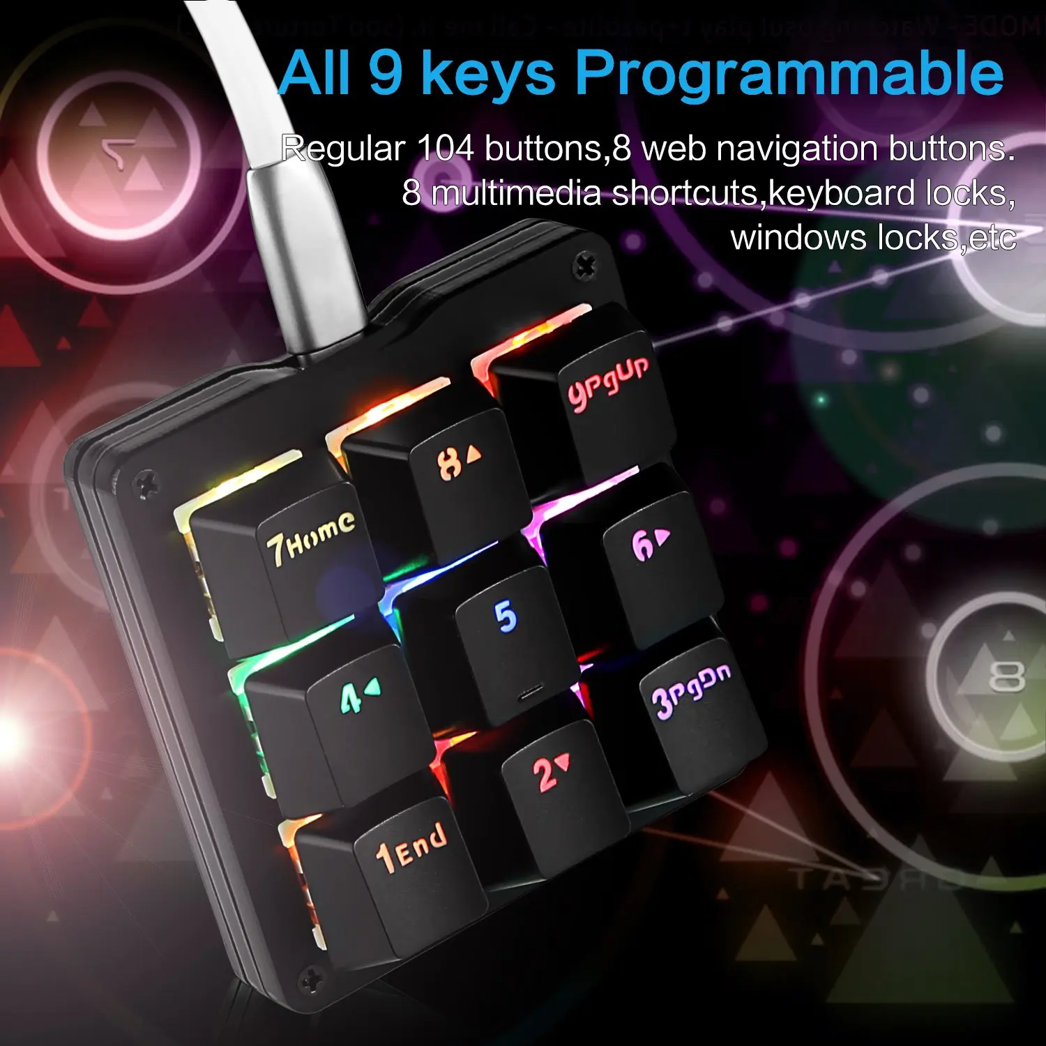 9 Fully Programmable Keys Mechanical Keyboard One-Handed Mechanical Gaming Keypad RGB LED Backlit with Blue Switches