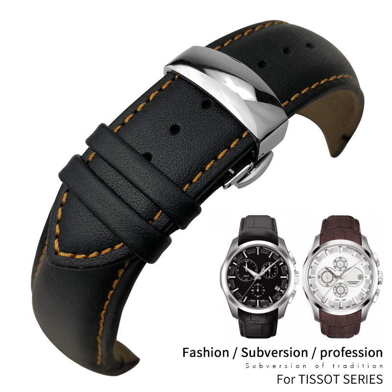 22mm 23mm 24mm Curved End Genuine Leather Watchband fit for Tissot T035617 Cowhide Watch Strap Butterfly Clasp Bracelets Men