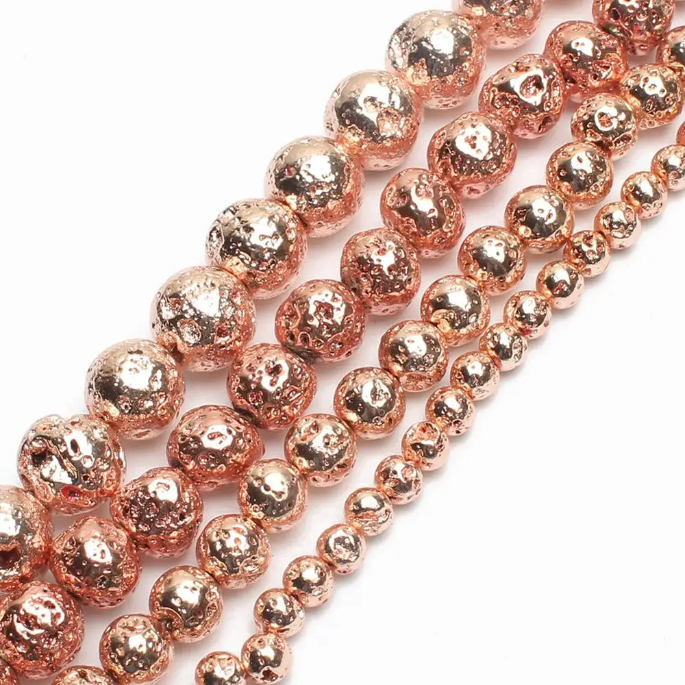 Rose Gold Silver Color Natural Lava Stone Round Hematite Beads for Needlework Jewelry Making Bracelet Necklace Accessories 15\'\'