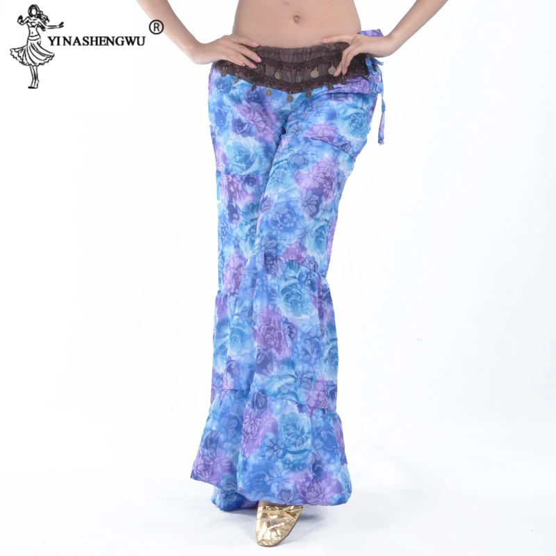 Women Belly Dance Trousers Big Flower Pants Chiffon Belly Dancing Costume  Loose Indian Dance Clothes Practice Belly Dance Pants