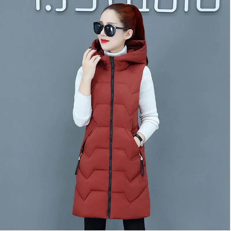 Autumn Winter Vest Female Thick Hooded Jacket Fashion Mid-Length Slim Warm Vest Women Thicke Down Cotton Vest Waistcoa