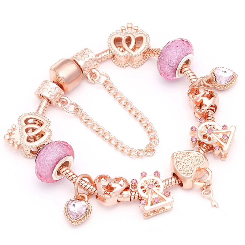 BAOPON-Coração e Chave Pingente Pulseiras Finas para Mulheres, Rose Gold Cor Pulseiras, Roda Gigante Beads, Charm Bracelet, Presente Da Jóia, Novo