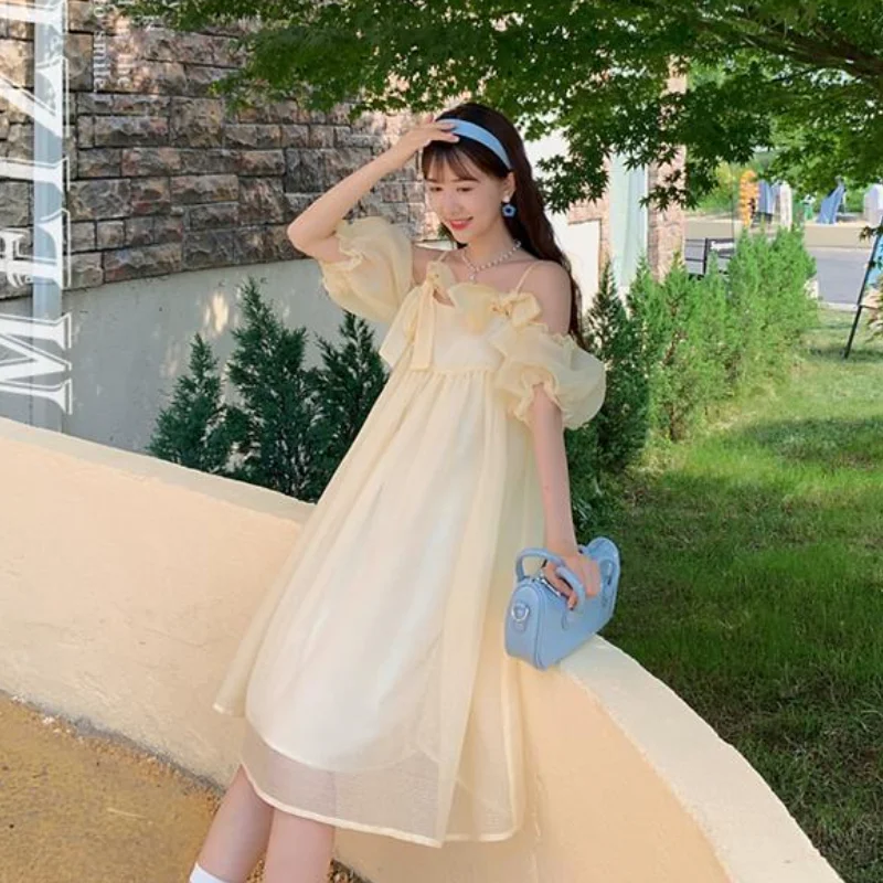 2021 Summer Vintage Yellow Strap Dress Women Sweet Off Shoulder Ruffle Fairy Dress Female Elegant Evening Party Ladies Dress New