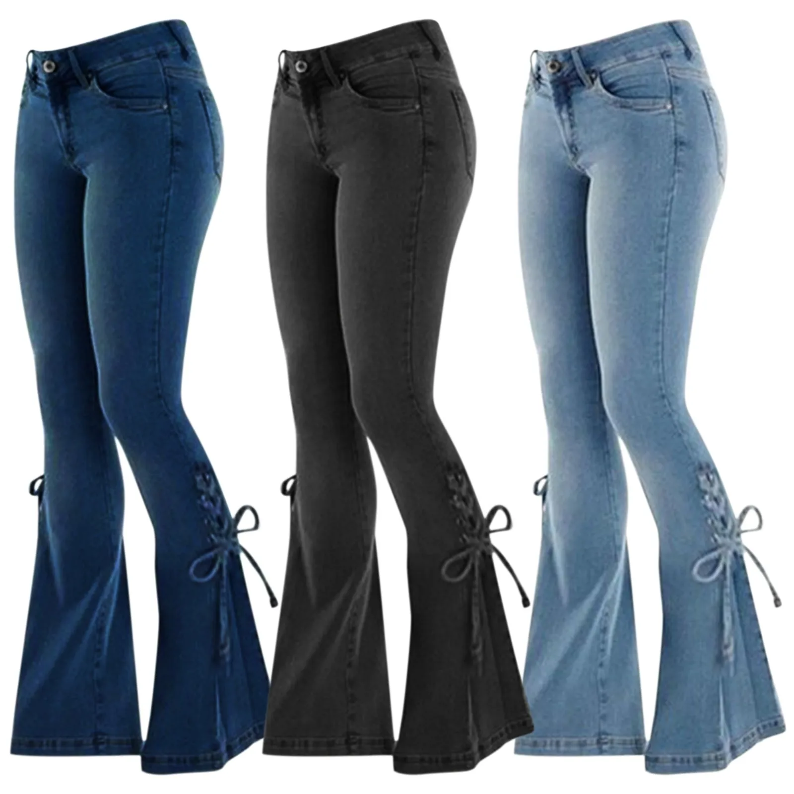 Plus Size High Waist Bandage Stretch Flare Jeans Vintage Streetwear Lace Up Outfit Bell Bottom Patchwork Goth Denim Pant Y2k