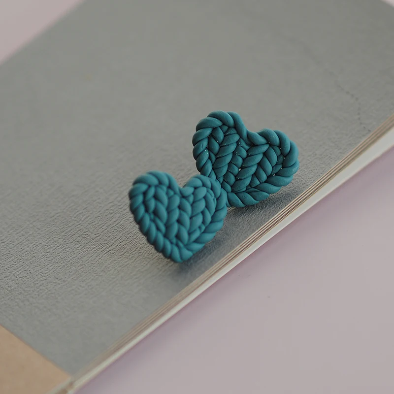 Cozy Knitted Texture Heart Studs Sweater Pattern Polymer Clay Earrings Small Love Heart Jewelry Handcrafted Sweet Daily Wear