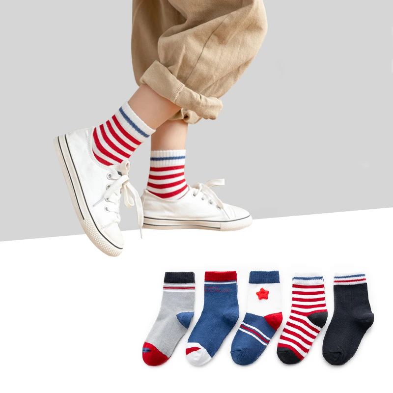 5Paris/lot Kids Socks Autumn Winter Cotton Baby Socks Red Star Cool Children Socks Fashion Striped Boys Socks