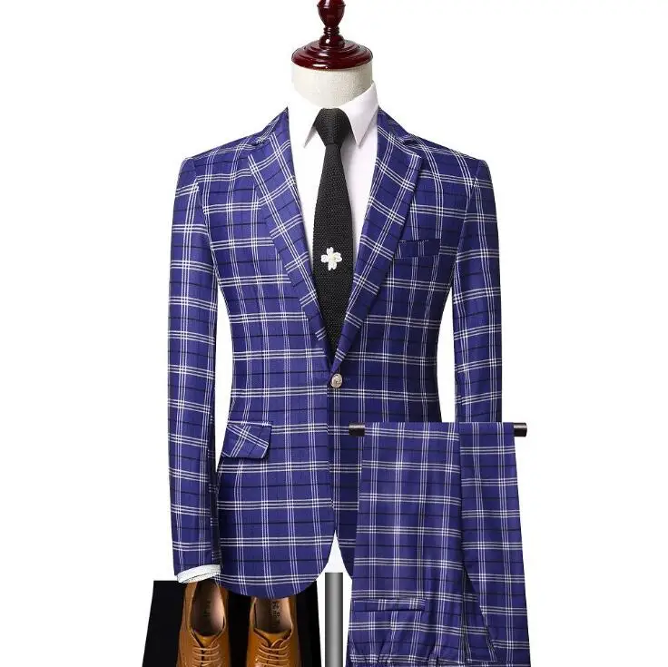 

Spring 2021 New mens plaid Blazer Business Casual suit banquet performance dress suits Men two-piece suit male Singer Costumes