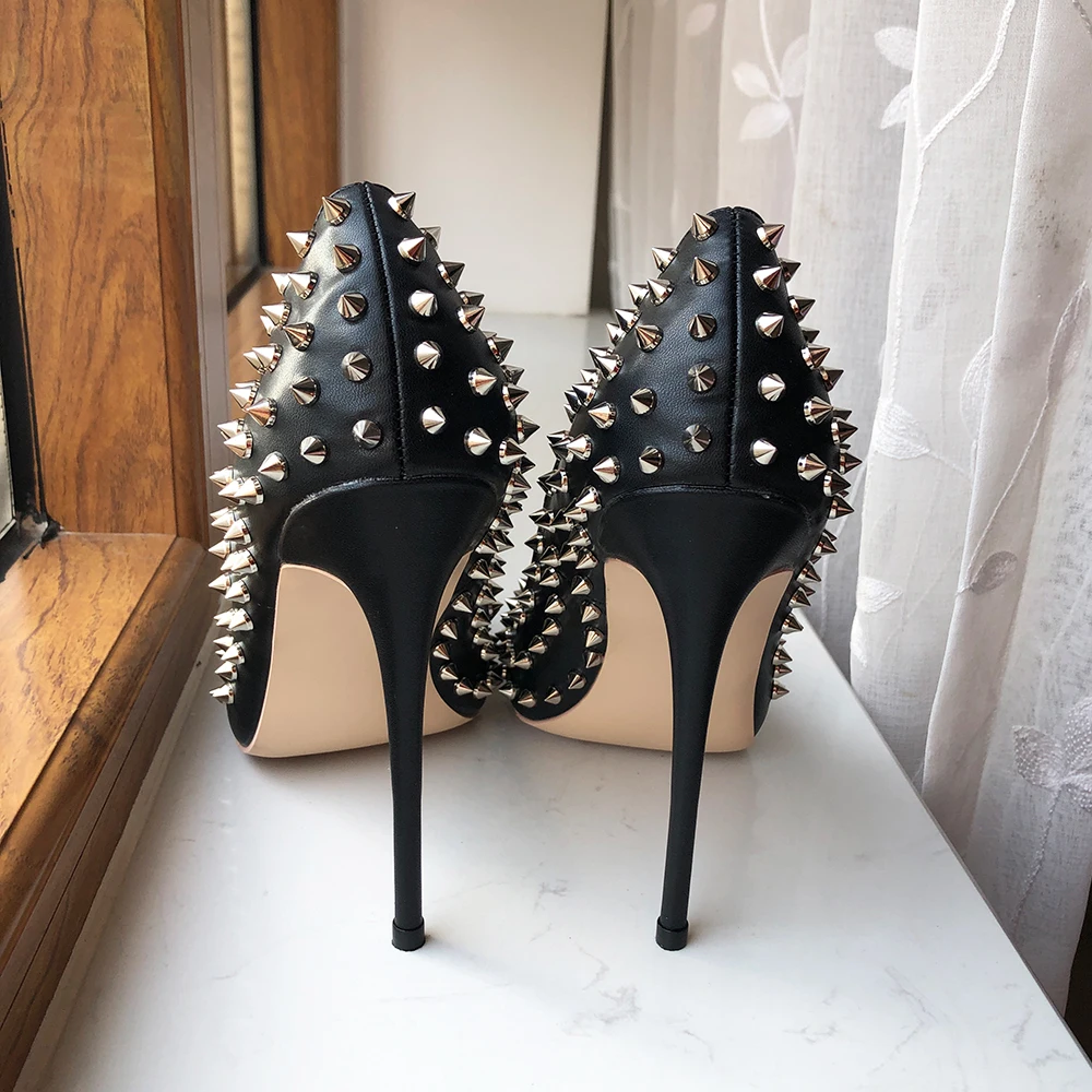 Tikicup Silver Spikes Women Black Matte Sexy Stiletto High Heels Ladies Wild Party Club High Heel Shoes 8cm 10cm 12cm Customize