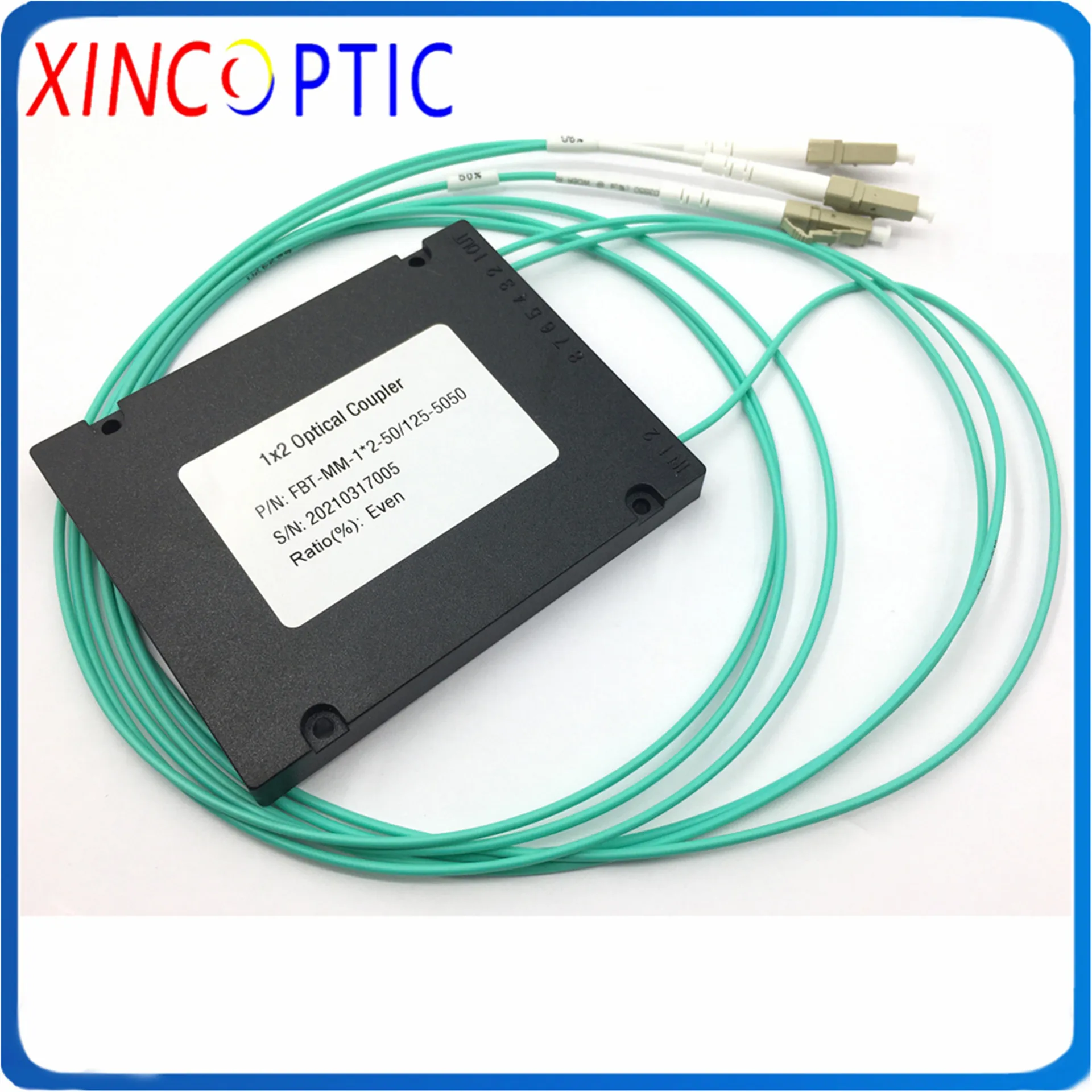 

850nm 50/125 MM OM3 50/50 Coupling Ratio LCUPC 1x2 FBT Coupler 100*80*10,3.0mm 1*2 Multimode Fiber Optic Splitter