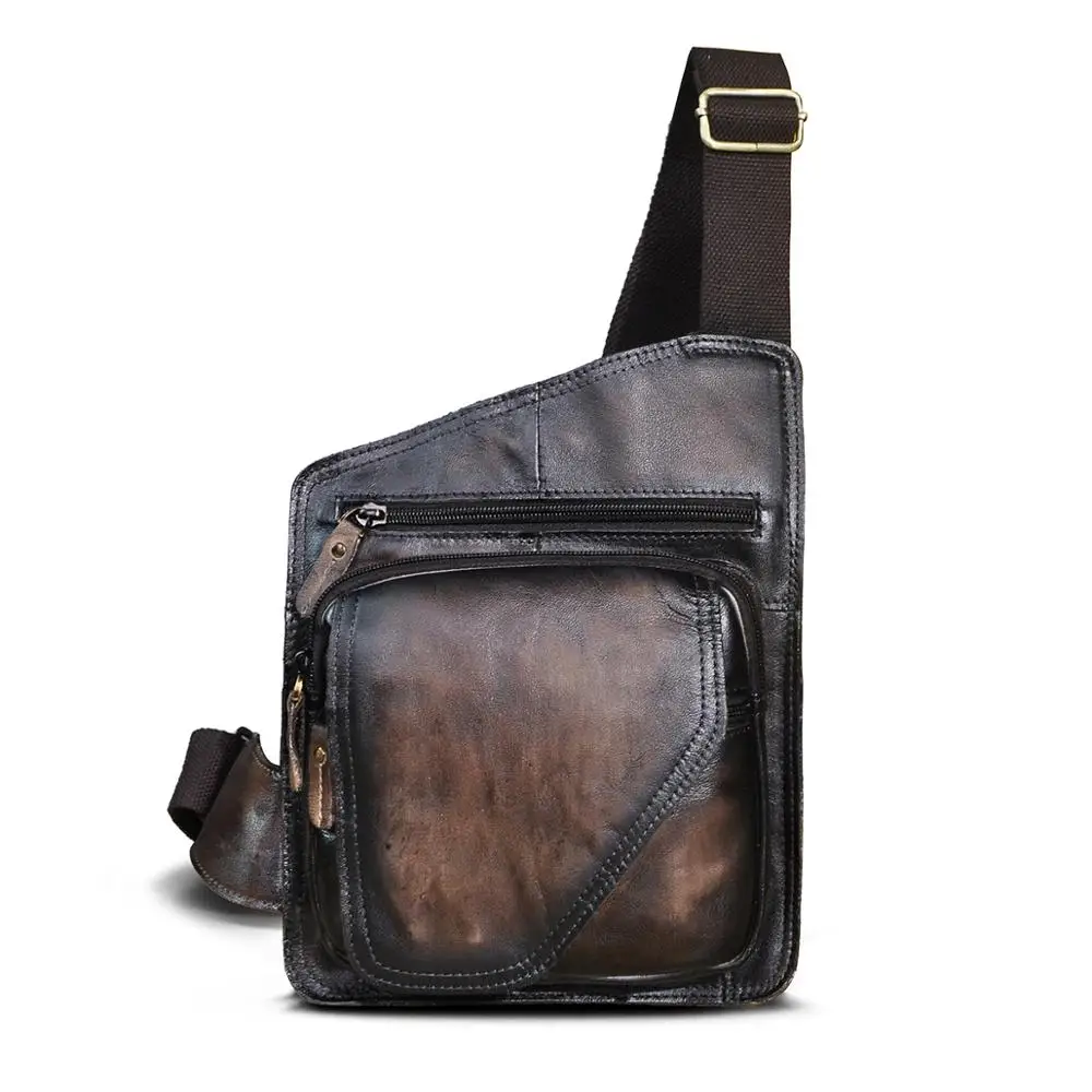 Male Vintage Coffee Genuine Leather Casual Designer Travel Small Crossbody Chest Bag Sling Daypack Shoulder Bag For Men b214