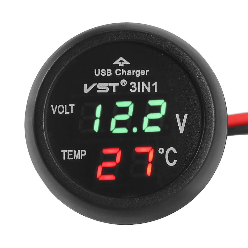 3 in 1 LED USB Car Charger Voltmeter Thermometer Car Battery Monitor LCD Digital Dual Display 12V/24V Digital Meter Monitor