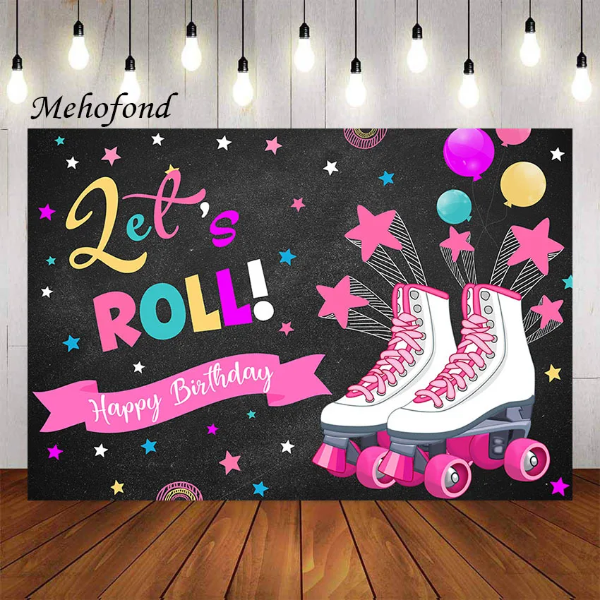 Mehofond Photography Background Let's Roll Girl Birthday Pink Star Balloon Party Roller Skating Neon Decor Backdrop Photo Studio