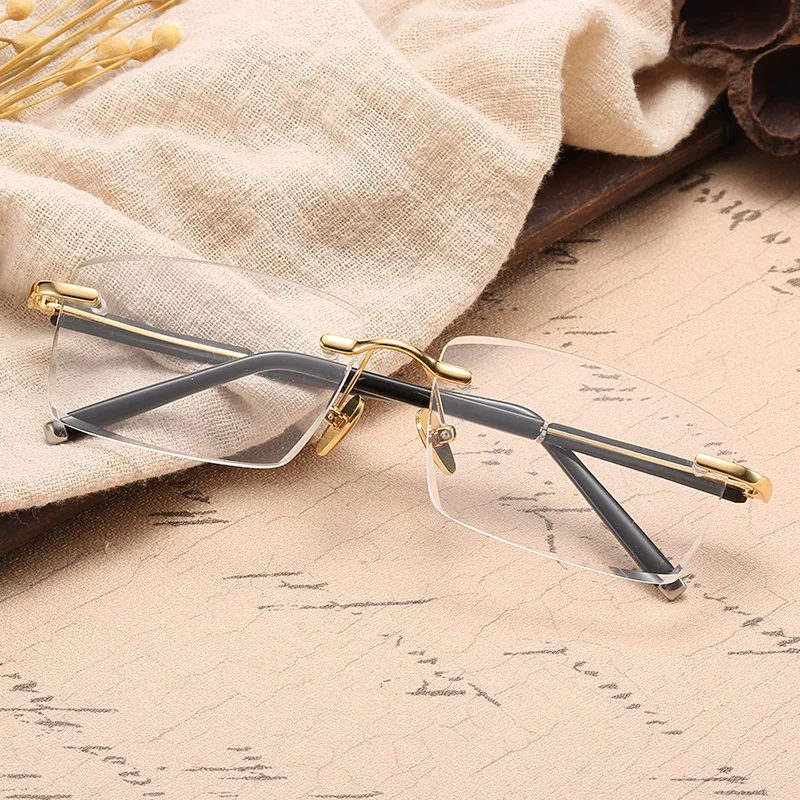 Rimless Glass Sunglasses Men Luxury Crystal Stone Brown Lens Glasses male Vintage Gold Sunglasses for Men Retro Clear Eyewear