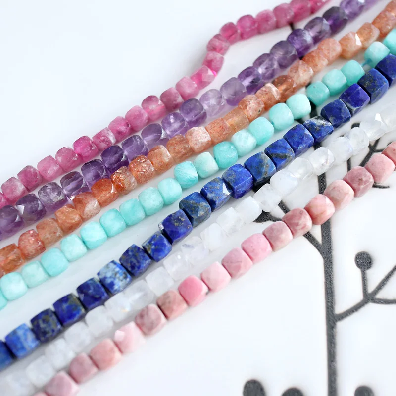 HEJI Natural Faceted Cube Beads 4.3mm +0.5 Jewelry Making DIY for Women Kyanite Chrysoprase Apatite Tourmaline Iolite Tanzanite