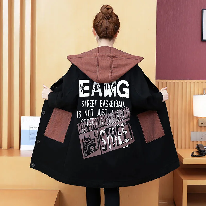 Color-Blocking Hooded Denim Jacket Women's Spring Autumn New  2022 Loose Fashion Mid-Length Casual Jeans Jacket Femme Vest