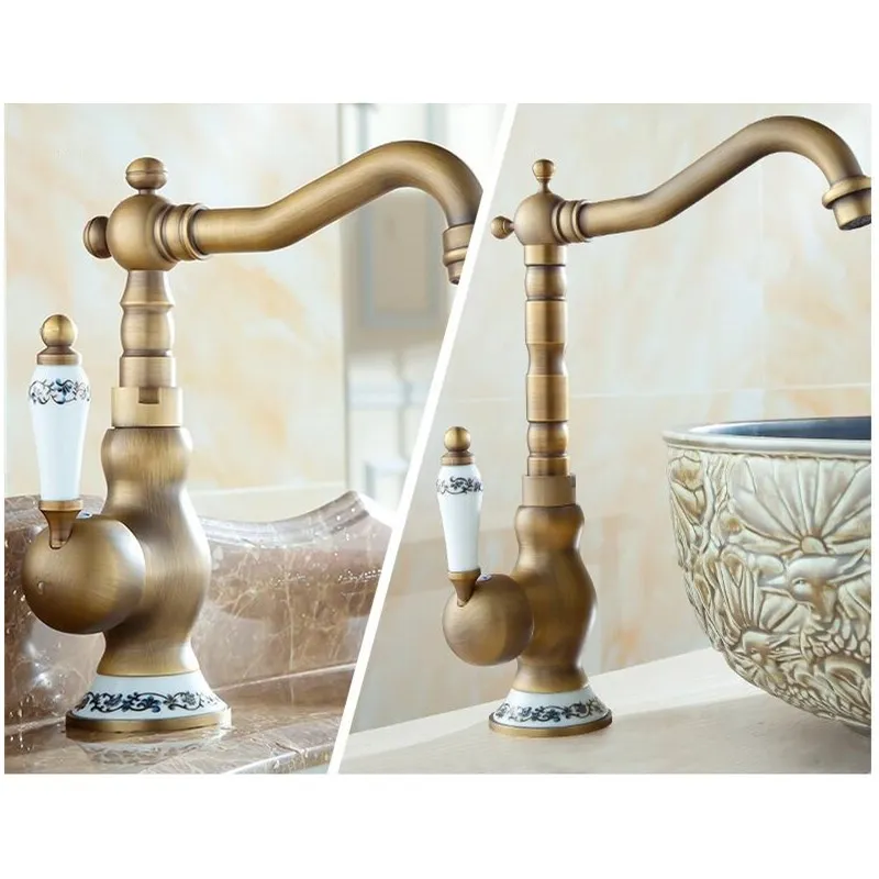 Home Improvement Accessories Antique Brass Kitchen Faucet 360 Swivel Bathroom Basin Sink Mixer Tap Crane with ceramic base