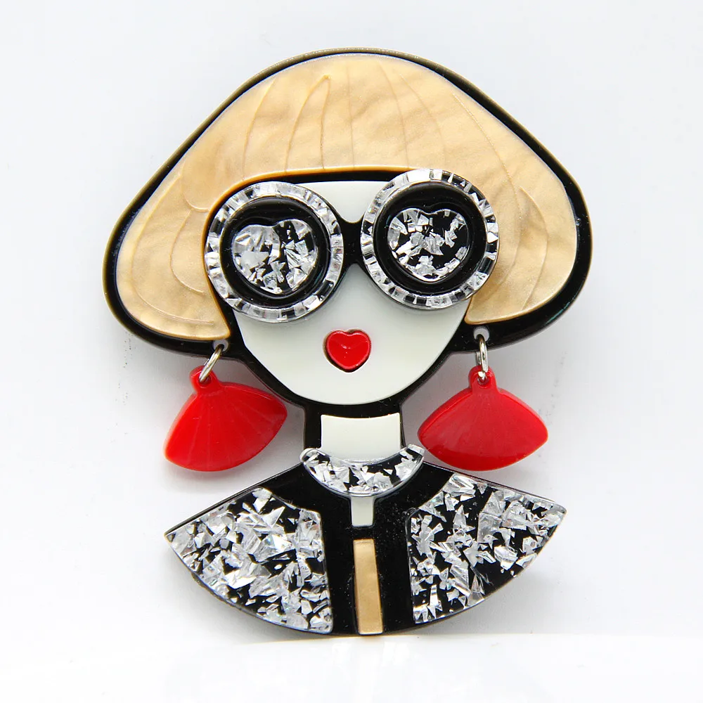 Acrylic Ladies With Dangle Brooch For Women Girls Large Resin Figure Brooches Pins Lapel Female Cloth Badges Bag Party Jewelry