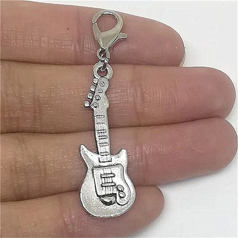 3 Pcs Antique Silver Color Guitar Clip on Charm, Guitar Zipper Pull, Purse Charm, Music Gift