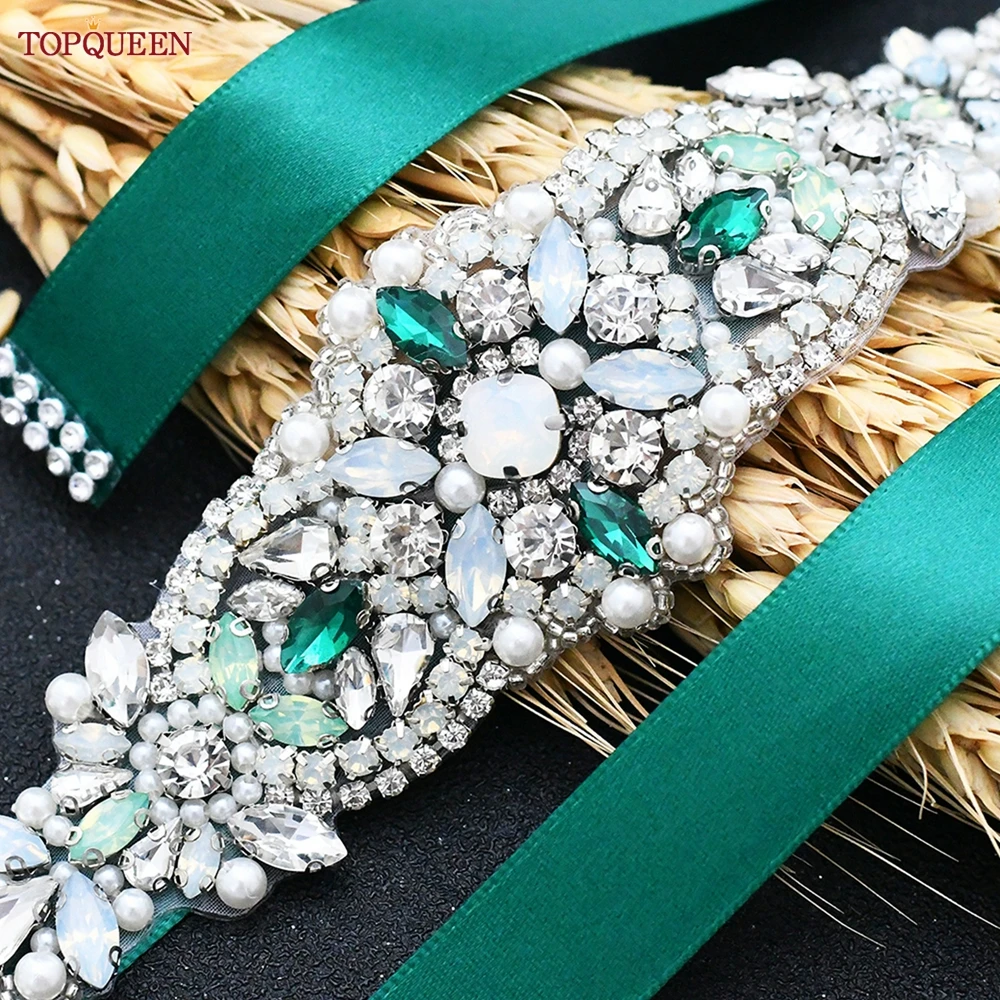 TOPQUEEN S452 Emerald Diamond Belt Green Rhinestone Belt for Wedding Ribbon Belt Wedding Accessories Party Dress Belts Girdles