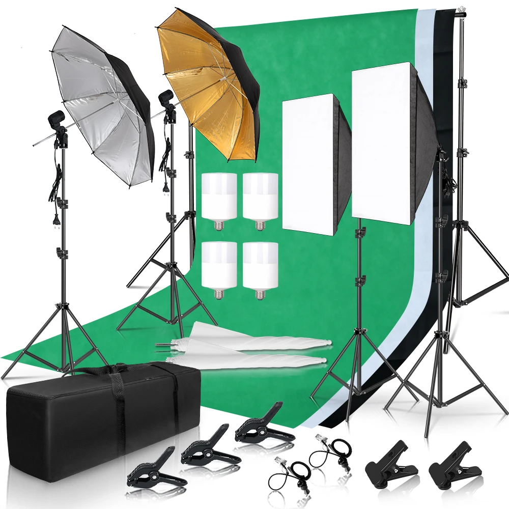 

Photography Lighting Kit 2x3M Photo Background Backdrops Soft Umbrella Softbox Light Stand Portable Bag For Photo Studio Shoot