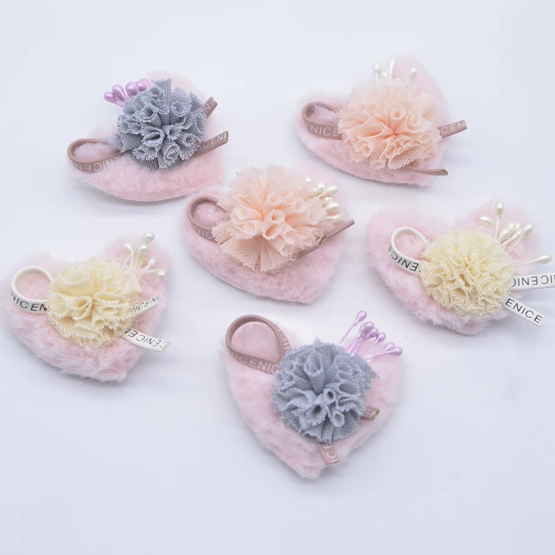 6Pcs 50*45mm Padded Plush Heart with Bow Ball Bouquet Appliques for DIY Clothes Hat Leggings Headwear Shoes Sewing Patches