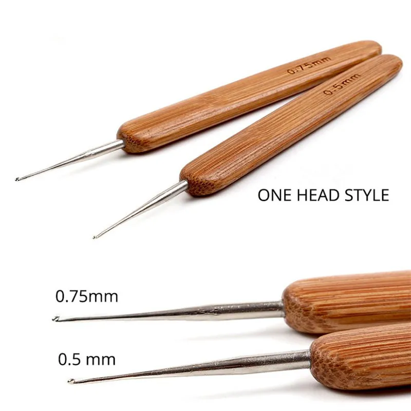 Rajut kepang kotor dengan pegangan bambu gaya tiga kepala alat ekstensi rambut khusus jarum Wig kait kepang 0.5Mm/0.75Mm