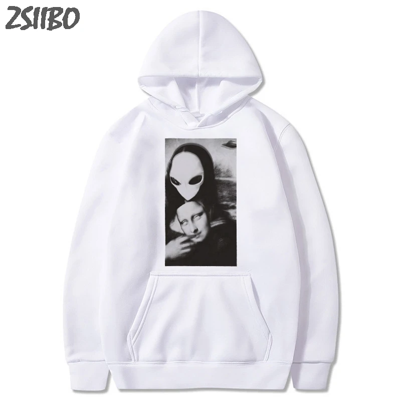 Hoodies Men Harajuku Mona Lisa becomes extraterrestrial face Funny Print Men's Sweatshirt HipHop Streetwear Casual Tracksuits