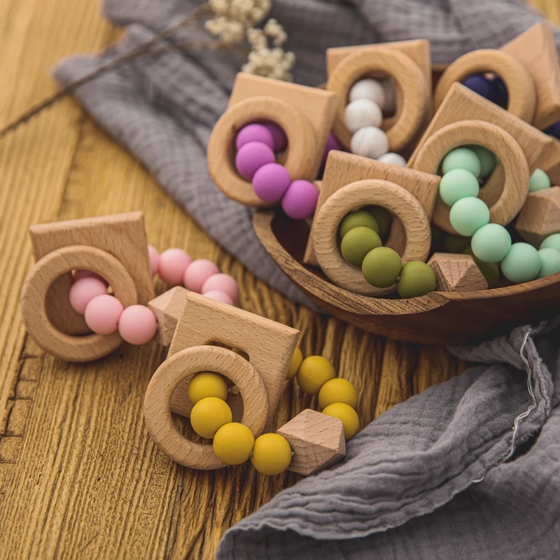 1PC Baby Toys Geometric Circle Wooden Nursing Bracelets Silicone Beads Teethers Baby Rattle Stroller Accessories Toys Gift