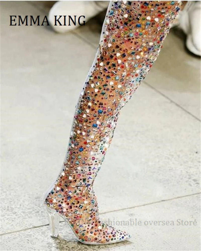 Sexy Women Thigh High Boots Multi Color Glitter Pointed Toe Over The Knee Boots Ladies Chunky Clear Heel PVC Runway Shoes 2021