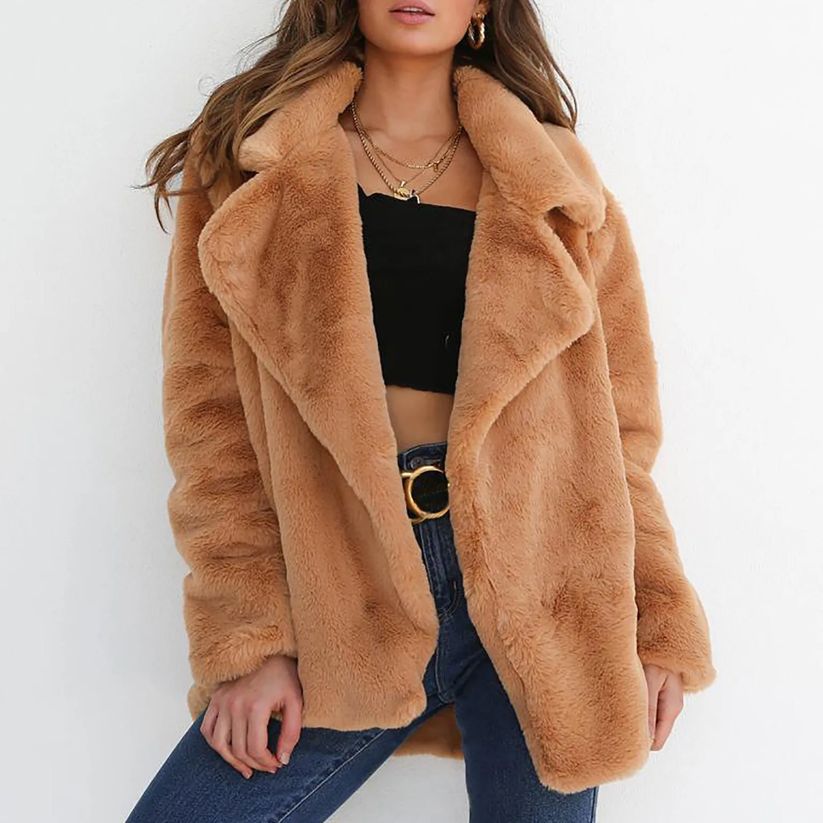 Popular Women Winter Plush Coat Soft Women Fur Jackets Turn Down Collar Warm Outwear Casual Female Pink Black Light Brown Coats